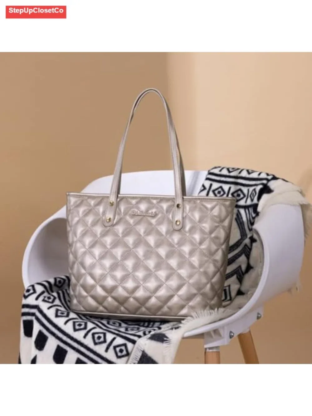 Vegan Leather Quilted Tote Bag for Women Shoulder Bag with Top Zipper